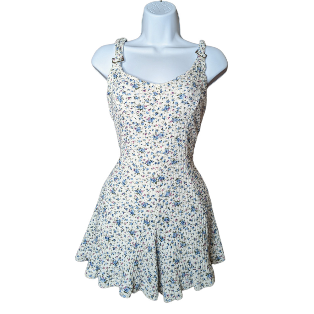 Vintage 90s Ditsy Floral White Blue Stretchy Rib Knit Sleeveless Romper Sz M